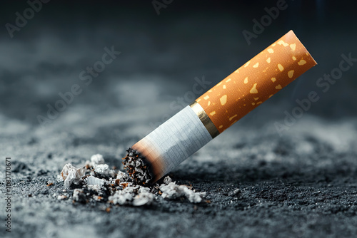 close up of cigarette butt extinguished on surface, showcasing ash and remnants. image conveys sense of waste and impact of smoking