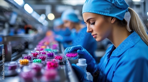 A diligent pharmaceutical worker inspects colorful pills on an organized assembly line, emphasizing precision and responsibility in industrial and medicinal production.