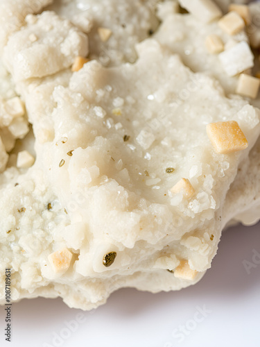 Close up image of a raw nepheline with titanite and feldspar minerals isolated on a white background from Khibiny Kola Peninsula