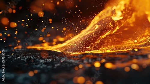 Close-up of molten metal pouring into a mold in the metallurgy industry, illustrating the casting process with dynamic elements and ample copy space for design.