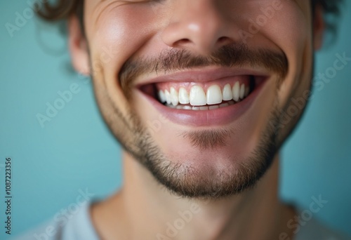 Young man with perfect healthy pearly white teeth smile. Health, teeth whitening, dental care, dentistry, stomatology concept