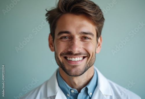 Young man with perfect healthy pearly white teeth smile. Health, teeth whitening, dental care, dentistry, stomatology concept