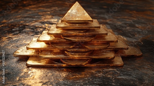 An artistic depiction of a golden pyramid structure resting on a textured surface