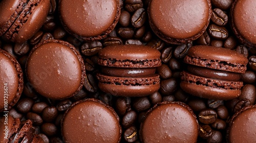 coffee and bakery concept. A delightful arrangement of chocolate macarons surrounded by coffee beans, creating an enticing combination of textures and flavors.