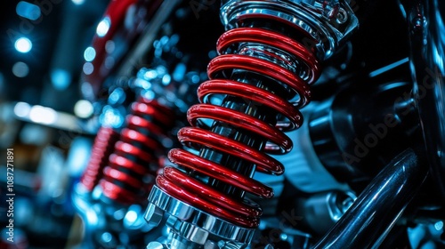 Close-up View of Red Shock Absorber on Motorcycle Frame in Workshop Setting with Blurred Background from Low Angle