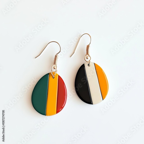 handmade custom original concept. Artistic handmade resin earrings, abstract embedded elements, showcased on a pristine white background for bold fashion statements