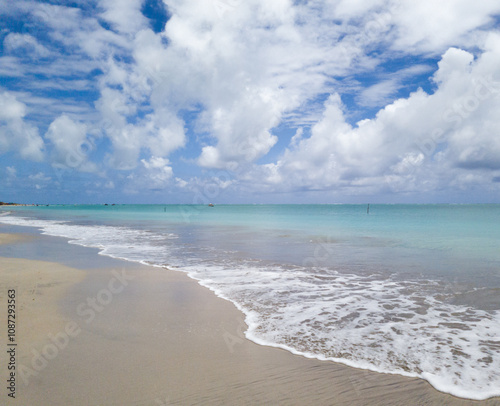 Antunes Beach, Maragogi, Alagoas, with crystal-clear turquoise waters, fine sand, and palm trees, creating a peaceful and paradisiacal setting.