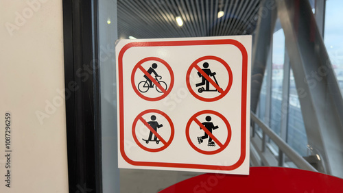 Sign on glass with symbols prohibiting use of personal transport for safety reason