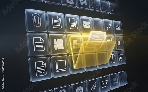 Digital File Management: A glowing yellow folder icon stands out amidst a grid of translucent app icons, symbolizing efficient digital organization and data storage.