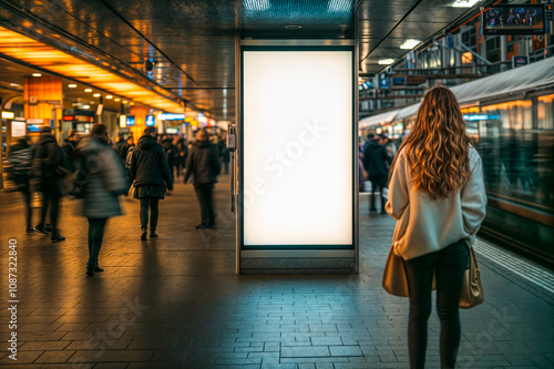 Femme de dos regardant un panneau blanc dans une gare