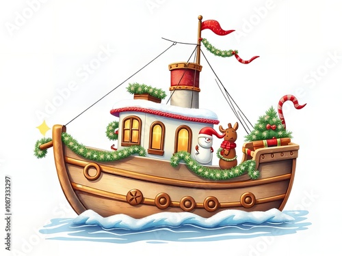 cartoon illustration of a boat with a santa clause on the front.