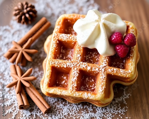  waffles with whipped cream and raspberries on top.