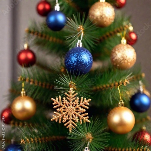 A high-resolution ultrarealistic image of a beautifully decorated Christmas tree. This digital artwork showcases a lush green tree adorned with multicolored baubles, including red, blue, gold, and shi