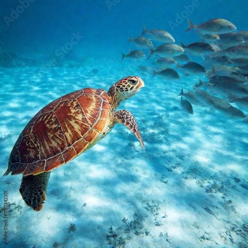 An ultra-realistic full shot photo of a turtle swimming alongside a school of fish, captured at shoulder level with deep focus to bring out the dynamic interaction between the turtle and its aquatic c