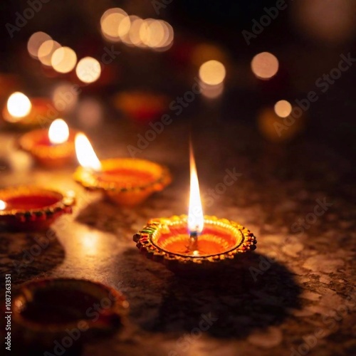 A close-up photo of a row of glowing diyas captured at eye level. The rack focus emphasizes the first diya, with the light from the others gradually blurring into a soft, warm bokeh, highlighting the 