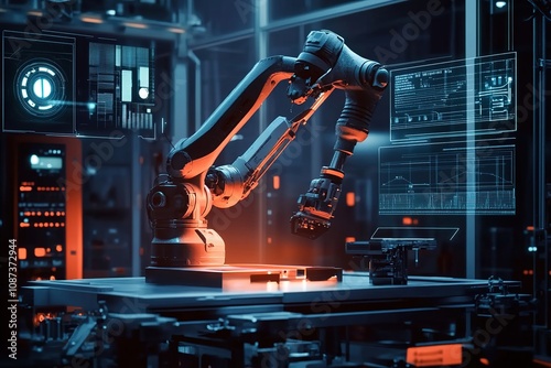 A robotic arm is creating an industrial product on the factory floor,