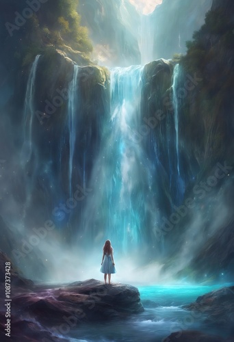 Beautiful fairy-tale fantasy plot, a beautiful girl stands in a canyon on a rock in front of a huge waterfall