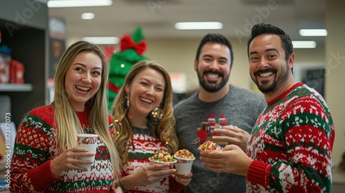 A fun office scene celebrating Ugly Christmas Sweater Day, with employees proudly displaying their most outrageous holiday sweaters and enjoying festive treats