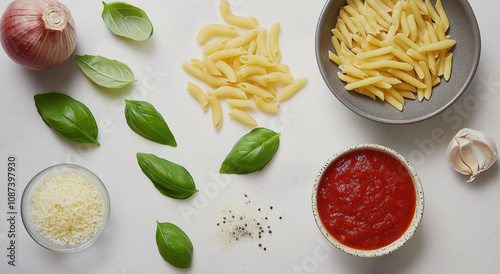 Visão aérea de ingredientes de massa fresca com manjericão, molho de tomate e queijo ralado