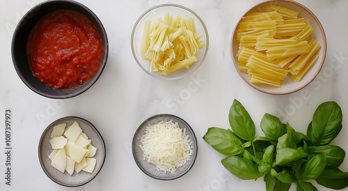 Visão aérea de ingredientes de massa fresca com manjericão, molho de tomate e queijo ralado