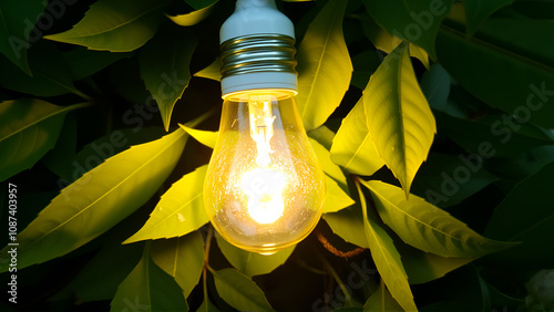 A shining light bulb is surrounded by an assortment of leaves, encapsulating the fusion of nature's beauty with the ingenuity of human creation.