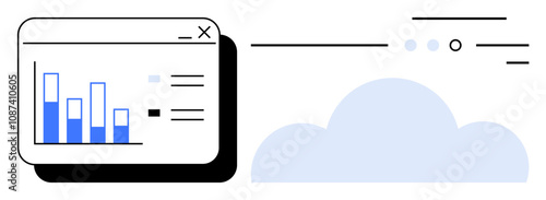 Bar graph interface with blue data bars in a computer window beside a light blue cloud. Ideal for data analysis, cloud computing, technology presentations, business reports, network strategy, tech