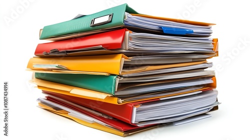 Organized stack of business files on a modern desk, isolated on white with room for additional promotional elements.