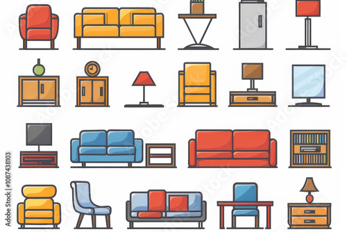 Collection of various furniture illustrations including sofas, chairs, tables, lamps, and cabinets in a colorful and modern style.