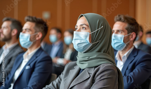 International conference, businessmen and diplomats are sitting in masks in the hall