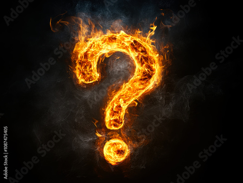 A brilliantly designed fiery question mark set against a black background symbolizes intense curiosity, mystery, and the burning quest for answers.