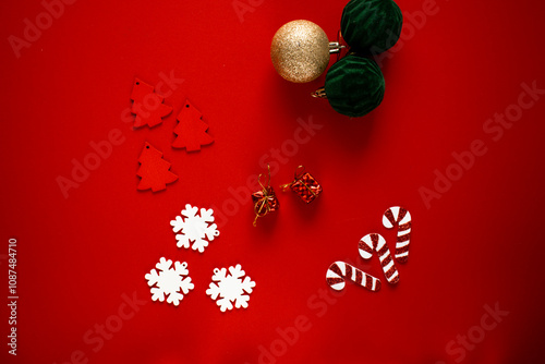 Christmas red background. Various New Year's toys. holiday