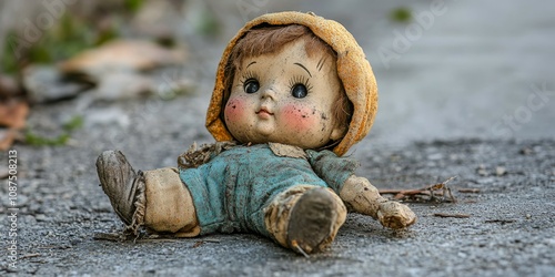 Forgotten children s doll, dirty and neglected, lies abandoned on the street, reminiscent of an orphaned child. This abandoned children s doll evokes feelings of loss and neglect.