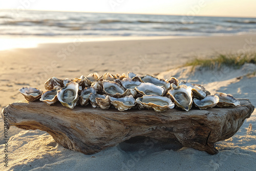 Fresh oysters on driftwood platter, sea spray, beach setting.