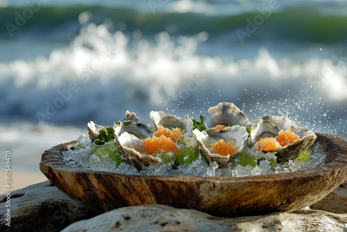 Fresh oysters on driftwood platter, sea spray, beach setting.