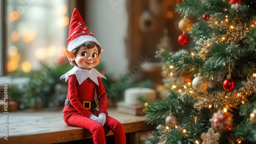 Cute elf on the shelf with copy space