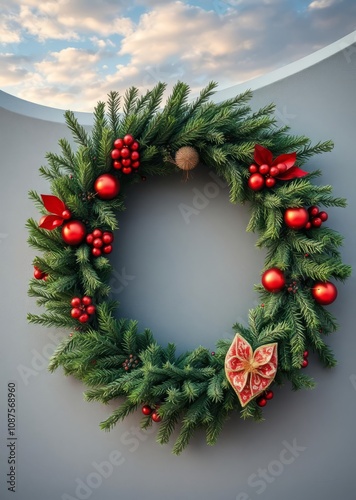 Beautiful festive wreath of fresh spruce on gray wall xmas circlet with red and gold ornaments and balls christmas mood christmas wreath decoration holiday frame