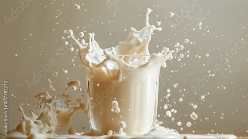 Milk splashing energetically from a glass with droplets suspended mid-air on a beige background