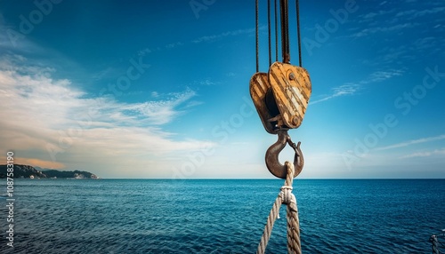 an old lifting hook attached to sheave suspended by wire rope from boom of crane construction work on the seashore