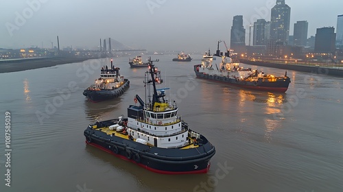 Oil spill containment efforts with boats and equipment in action. 