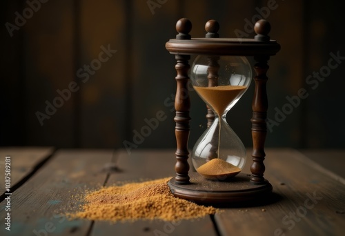 An elegant hourglass on a rustic wooden table showcasing time passing with sand gradually flowing from the top to bottom chamber