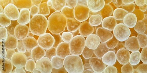 Starch granules of potato displayed at 400x magnification, highlighting potato leucoplasts rich in starch. The starch is stained with Lugol iodine for enhanced visualization and detail.