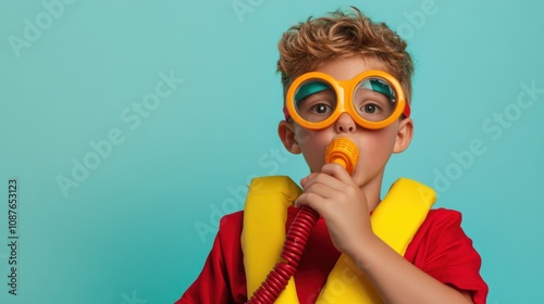 A child in a life jacket and goggles, playfully pretending to use a snorkel.