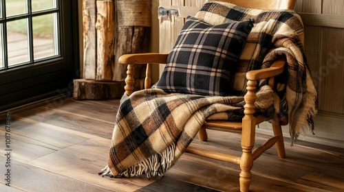 Cozy Plaid Blanket on Wooden Armchair in Rustic Living Room