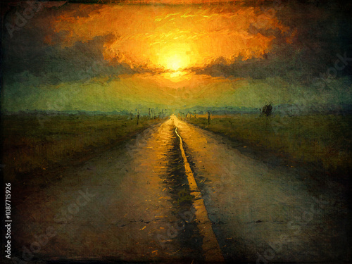 Düstere Kunst: Eine unheimliche Straße, die in den Sonnenuntergang führt, umgeben von einer geheimnisvollen Landschaft