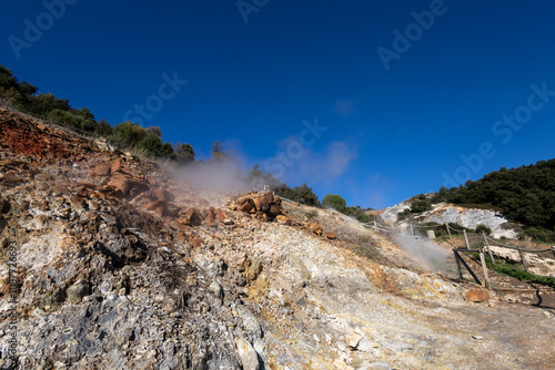 Geysers also known as "soffioni boraciferi" with sulphurous steams used to produce geothermal energy, in the nature park of the Biancane, Monterotondo Marittimo, near Larderello, Tuscany, Italy