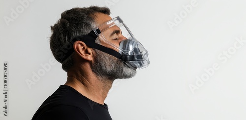 Side view of a man wearing a transparent protective face mask on white background with copy space, symbolizing health awareness.