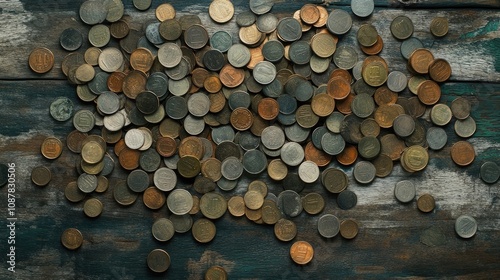 A flat lay of various denominations of Thai baht coins scattered over a rustic wooden background.