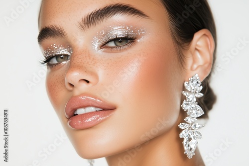 model with light, dewy skin, sleek pulled-back hair, glossy neutral lips, shimmering silver eyeshadow, and statement crystal earrings, against a plain white background