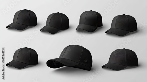 A stylish collection of black baseball caps displayed in various orientations and angles, showcasing modern design.