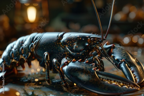 A close-up shot of a lobster sitting on a table, ready for cooking or serving